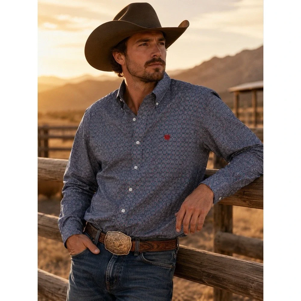 Cinch Shirt Mens Medium Red Blue Geometric Cotton Button Up Western Rodeo Dress